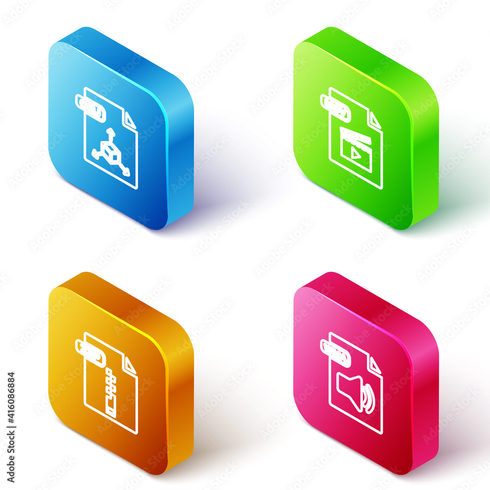 Set Isometric line OBJ file document, MOV, ZIP and WMA icon. Vector. Set Isometric line OBJ file document, MOV, ZIP and WMA icon. Vector.