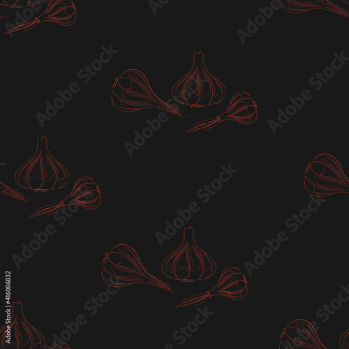 Vector seamless pattern with heads of garlic on a dark background.