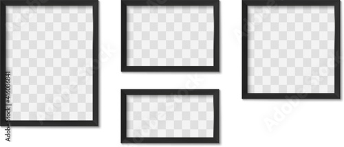 Black photo frames. Blank modern simple image square borders with shadow for gallery. Isolated art framing design vector realistic 3D mockups. Elegant minimalistic decor for interior