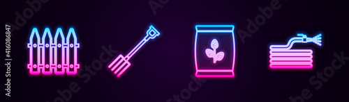 Set line Garden fence, pitchfork, Fertilizer bag and hose fire hose. Glowing neon icon. Vector.