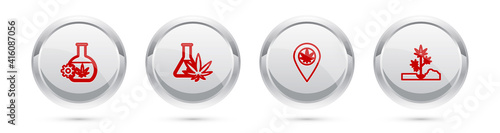 Set line Test tube with marijuana, , Location and and Planting. Silver circle button. Vector.