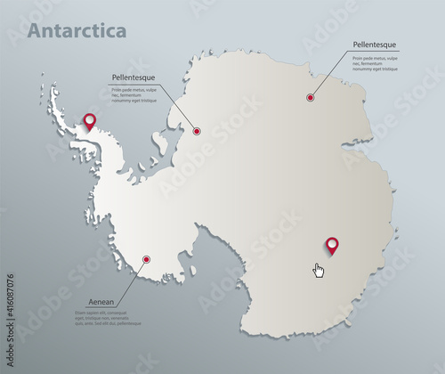 Antarctica map, administrative division with names, blue white card paper 3D vector