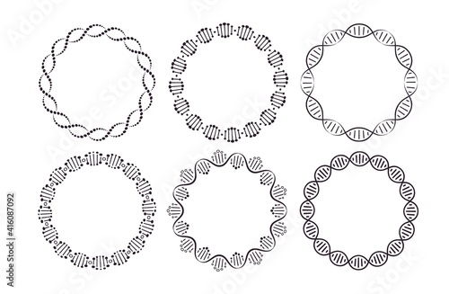 DNA round frames. Circle framing with genome helix structure isolated on white background vector set. Six pattern brushes in panel. Molecular round border for science, biology or medicine