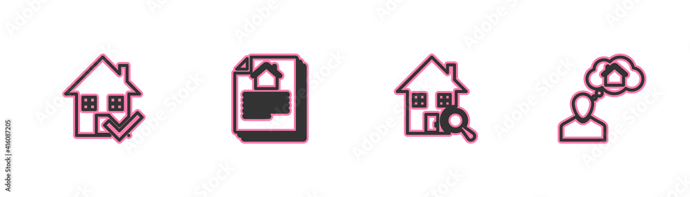 Set line House with check mark, Search house, contract and Man dreaming about buying icon. Vector. Set line House with check mark, Search house, contract and Man dreaming about buying icon. Vector.