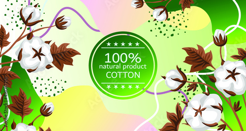 rendy and creative banner template with hand drawn cotton twigs and spots and dots. Botanical composition with gradient and label. Advertising for 100% natural products