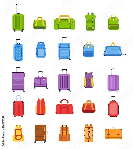 Flat suitcases. Luggage and handle bags, backpacks, leather case, travel suitcase and bag for trip, tourism and vacation isolated vector set. Packed colorful baggage for traveling or holiday