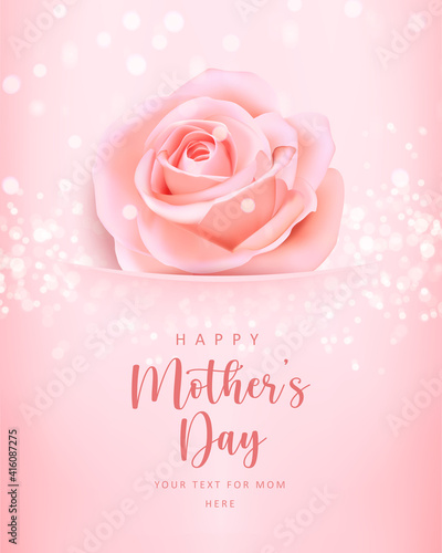 Happy mother's banner day pink elegant rose flower pearl with shining bokeh background