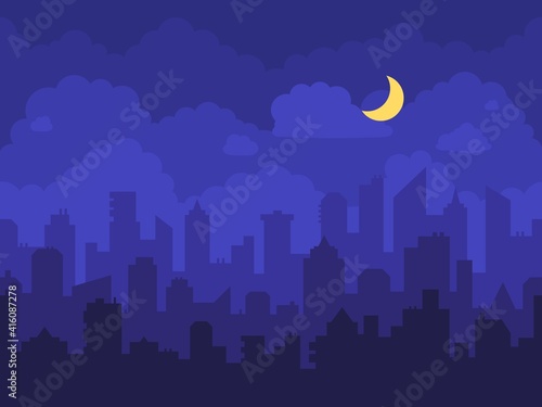 Night cityscape. Cartoon city at night with skyscrapers skyline, clouds and moon. Panorama with high buildings, houses and towers in town vector background illustration. Business downtown