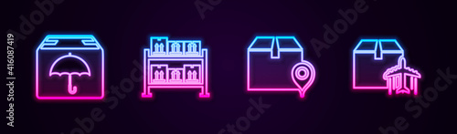 Set line Delivery package with umbrella, Warehouse, Location cardboard box and Plane and. Glowing neon icon. Vector.