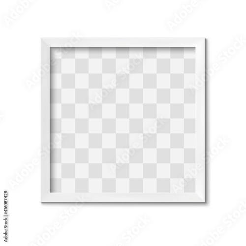 White frame. Empty gray simple photo square border with shadow on gallery wall. Isolated interior design vector realistic 3D mockup. Transparent space for picture in elegant framing