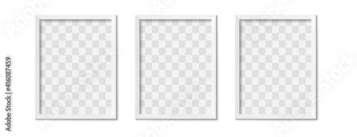 White photo frames. Empty gray simple image square border with shadow on gallery wall. Isolated picture framing design vector realistic 3D mockup. Rectangle picture border hanging in raw