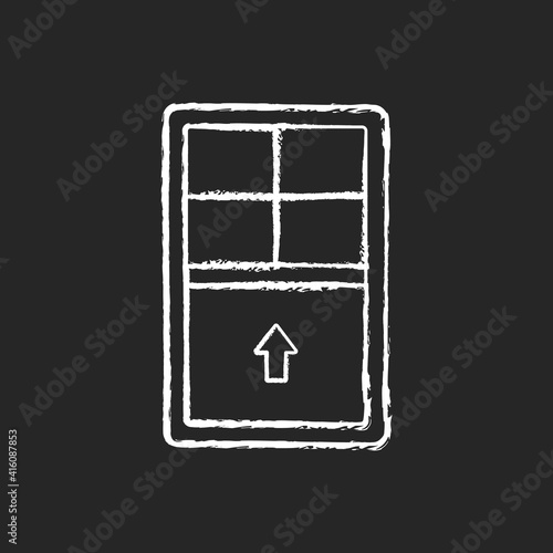 Single-hung windows chalk white icon on black background. Single movable sash with raise from bottom. Natural ventilation control. Vertical-sliding window. Isolated vector chalkboard illustration