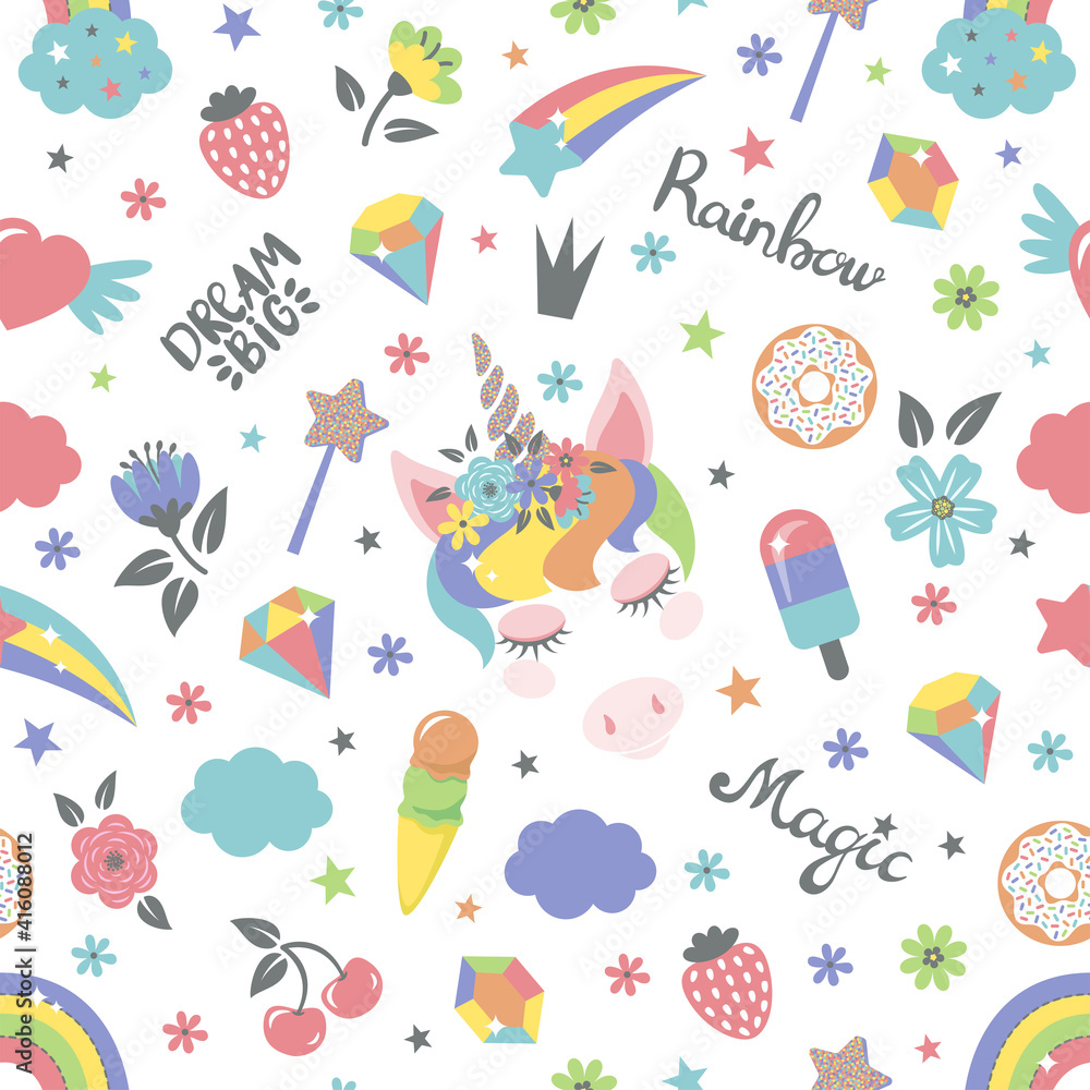 Seamless pattern with the colorful, sparkling unicorn magic world elements. Vector illustration.