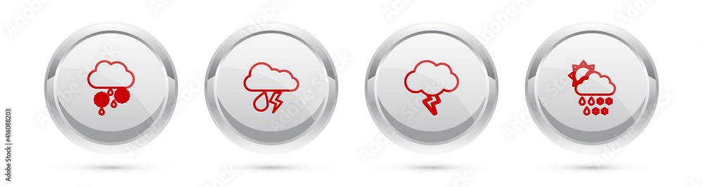 Set line Cloud with snow and rain, lightning, Storm and snow, sun. Silver circle button. Vector. Set line Cloud with snow and rain, lightning, Storm and snow, sun. Silver circle button. Vector.