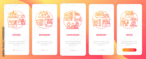 Decluttering areas onboarding mobile app page screen with concepts. Places in home for tidying walkthrough 5 steps graphic instructions. UI vector template with RGB color illustrations