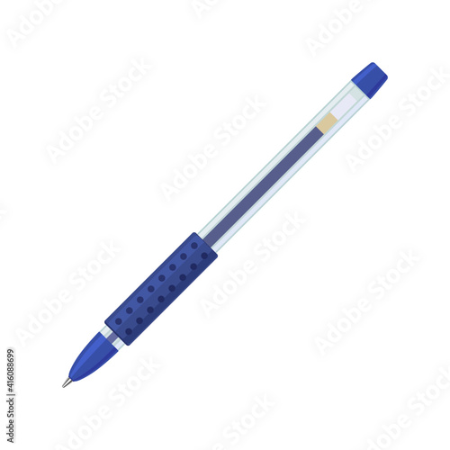 Blue gel pen in transparent plastic case with rubber grip. Vector illustration