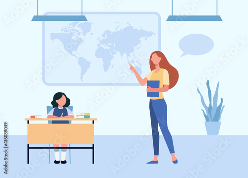 School teacher explaining geography lesson to pupil. Tutor showing world map to student kid. Flat vector illustration. Education, studying concept for banner, website design or landing web page