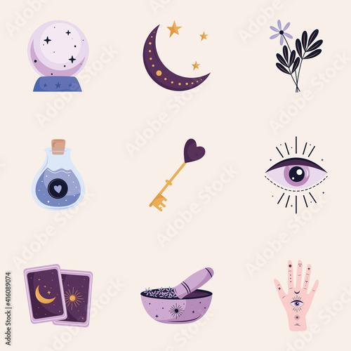 bundle of nine esoteric art set icons vector illustration design