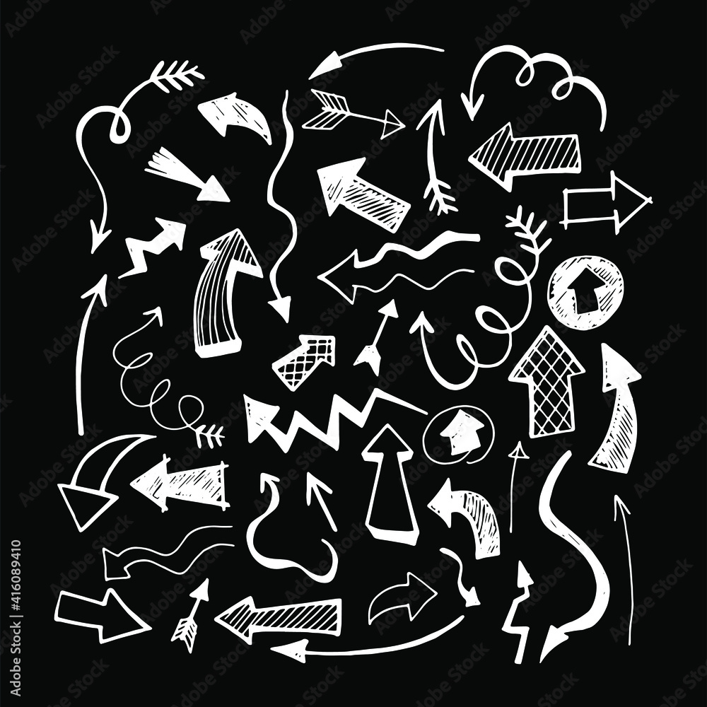Obraz premium vector illustration. white directional arrows on a black background. hand drawing. doodle