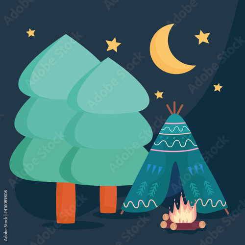 tent camping with campfire and pines scene vector illustration design