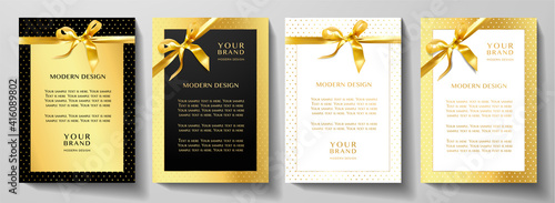 Holiday black and gold frame design set. Luxury background with stars pattern and golden ribbon. Premium vector collection template for gift certificate, luxe invite template, gift card