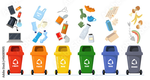 Garbage sorting set. Bins with recycling symbols for e-waste, plastic, metal, glass, paper, organic trash. Vector illustration for zero waste, environment protection concept