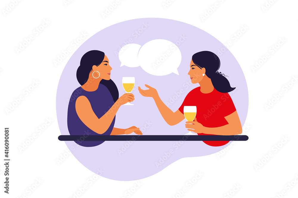 Friendly meeting women concept. Cheerful women sitting at table, talking, laughing, drinking wine. Vector illustration. Flat.