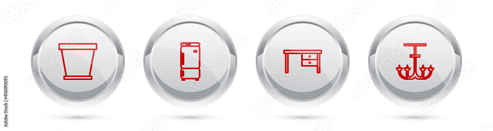 Set line Flower pot, Refrigerator, Office desk and Chandelier. Silver circle button. Vector. Set line Flower pot, Refrigerator, Office desk and Chandelier. Silver circle button. Vector.