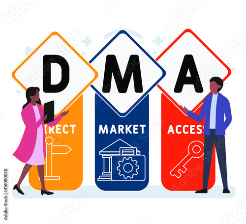 Flat design with people. DMA - Direct Market Access. acronym, business concept background. Vector illustration for website banner, marketing materials, business presentation, online