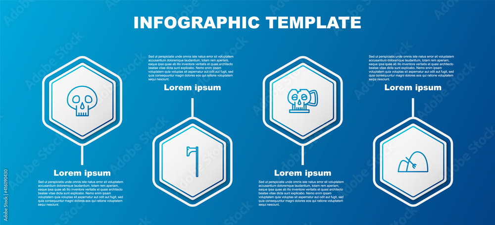 Set line Skull, Medieval axe, Cup from the skull and Bale of hay and rake. Business infographic template. Vector. Set line Skull, Medieval axe, Cup from the skull and Bale of hay and rake. Business infographic template. Vector.