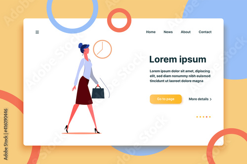 Young businesswoman going to work in morning. Woman going to work in the morning, clock showing time flat vector illustration. Time management concept for banner, website design or landing web page