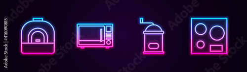 Set line Oven, Microwave oven, Manual coffee grinder and Electric stove. Glowing neon icon. Vector.