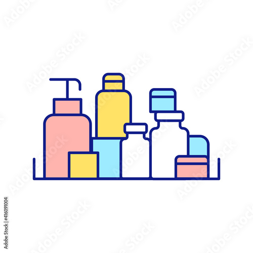Care and decorative cosmetics on shelf RGB color icon. Cosmetic bag and bathroom. Disposal of expired products. Cleaning and tidying. Declutter and cleaning service. Isolated vector illustration