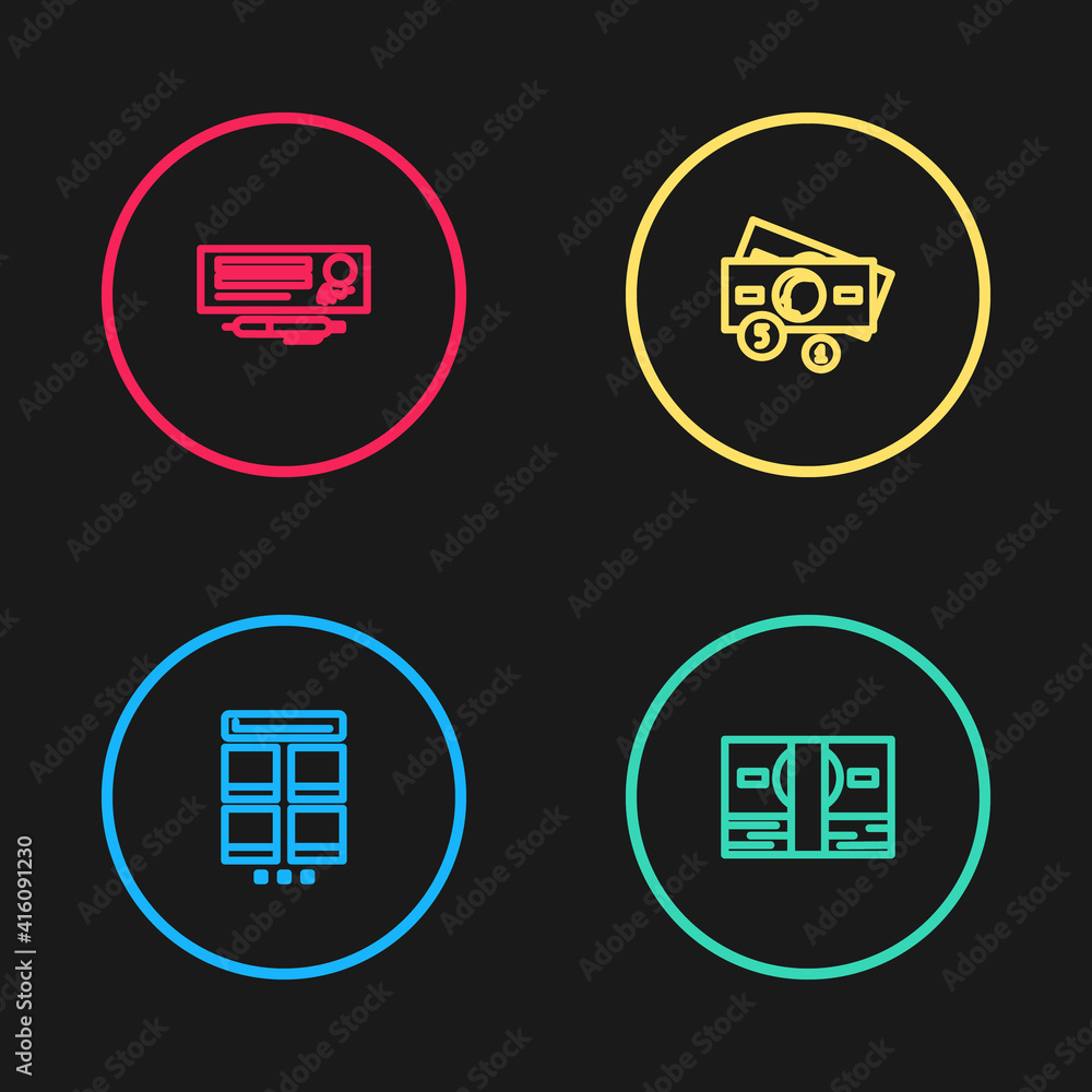 Set line Online shopping on mobile, Stacks paper money cash, and Bank check and pen icon. Vector. Set line Online shopping on mobile, Stacks paper money cash, and Bank check and pen icon. Vector.