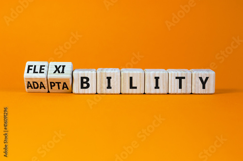 Flexibility and adaptability symbol. Turned wooden cubes and changed words 'adaptability' to 'flexibility'. Beautiful orange background, copy space. Business, flexibility and adaptability concept.