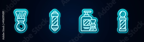 Set line Shaving brush, Classic Barber shop pole, gel foam and and . Glowing neon icon. Vector.