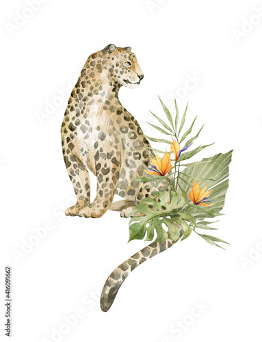 Canvas Print Watercolor cute leopard and floral tropical bouquets
