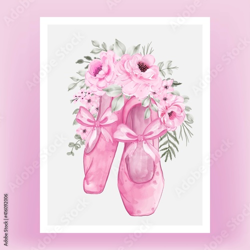 isolated pink rose flower wreath with ballet shoes