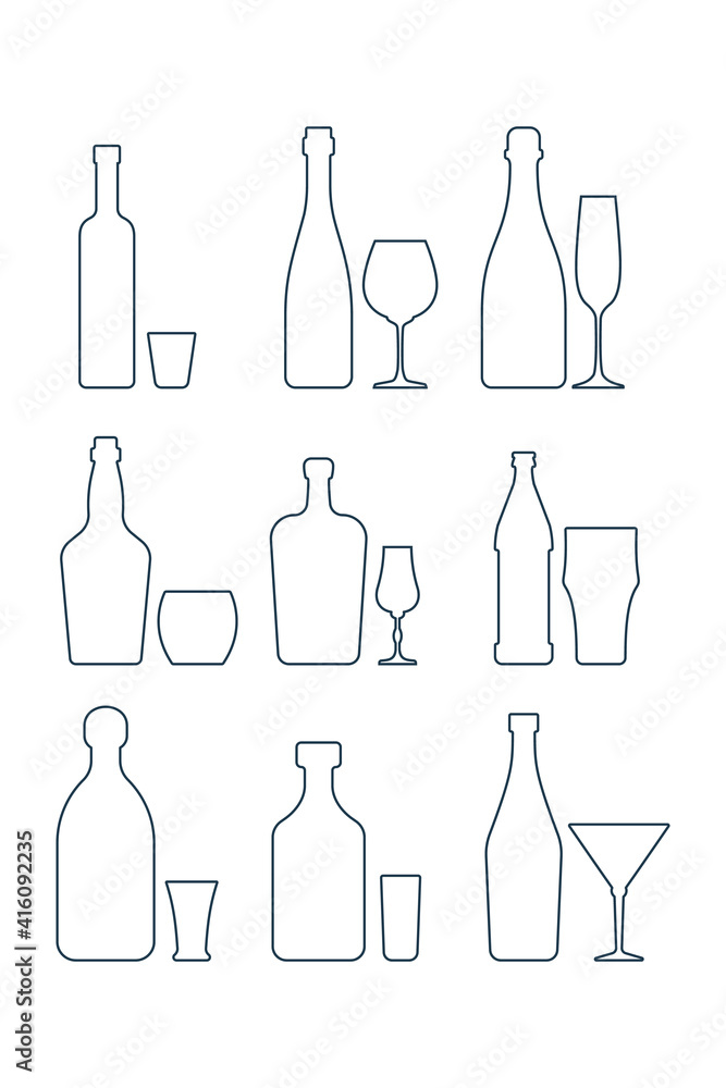 Set bottle and glassware alcoholic drinks. Simple black line shapes isolated. Illustration on white background. Flat style. Beer champagne red wine whiskey liquor vodka martini rum tequila Set bottle and glassware alcoholic drinks. Simple black line shapes isolated. Illustration on white background. Flat style. Beer champagne red wine whiskey liquor vodka martini rum tequila