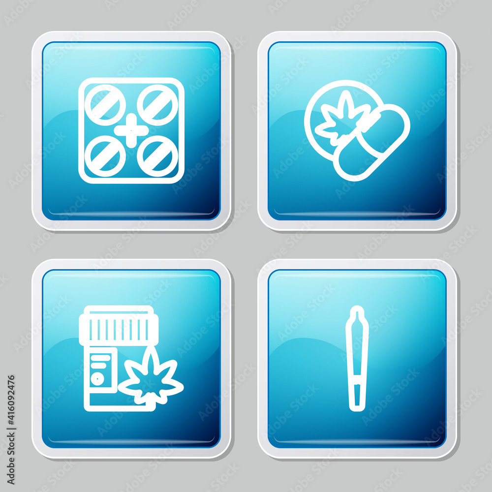 Set line Medical pills with marijuana, Herbal ecstasy tablets, bottle and Marijuana joint icon. Vector. Set line Medical pills with marijuana, Herbal ecstasy tablets, bottle and Marijuana joint icon. Vector.