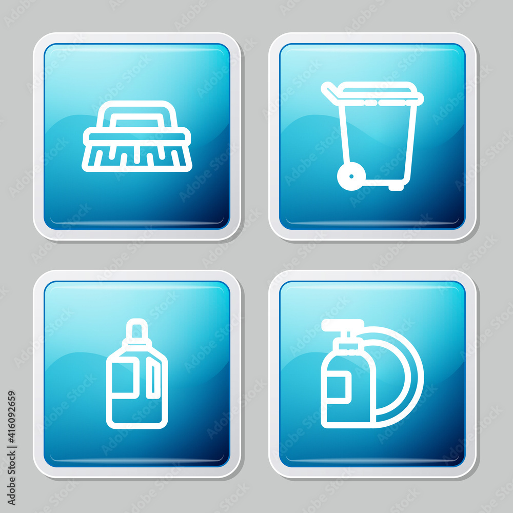 Set line Brush for cleaning, Trash can, Fabric softener and Dishwashing liquid bottle and plate icon. Vector. Set line Brush for cleaning, Trash can, Fabric softener and Dishwashing liquid bottle and plate icon. Vector.