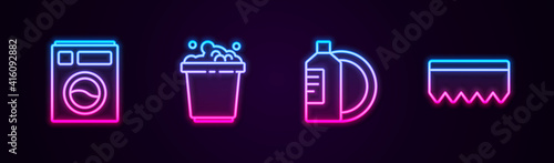 Set line Washer, Bucket with soap suds, Dishwashing liquid bottle and plate and Sponge bubbles. Glowing neon icon. Vector.