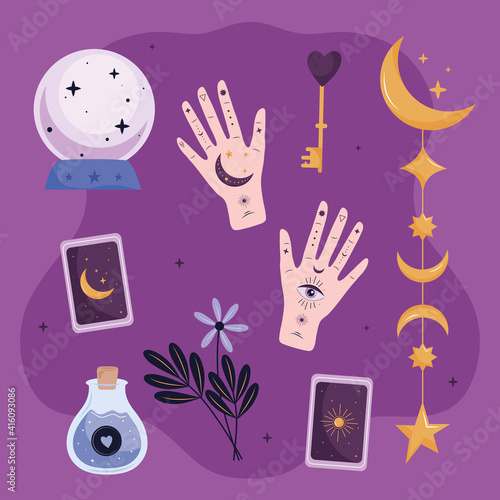 bundle of eight esoteric art set icons vector illustration design