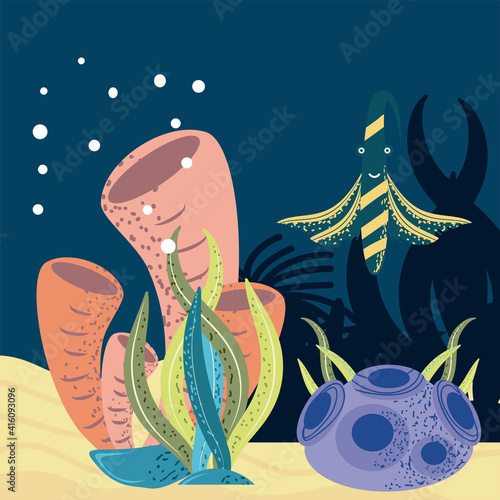 underwater world exotic fish coral seaweeds stone sand