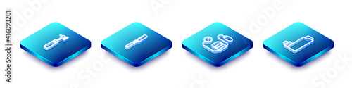 Set Isometric line Medical otoscope tool, saw, Blood pressure and Inhaler icon. Vector.