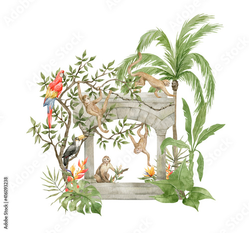 Photography Watercolor composition with monkey, parrots, old jungle architecture, palm trees, flowers, leaves, plants