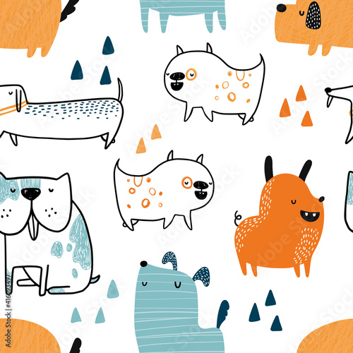 Vector hand-drawn color seamless repeating childish simple pattern with cute dogs in Scandinavian style on a white background. Trendy scandinavian vector background. Dogs print. Cute animals. Pets.