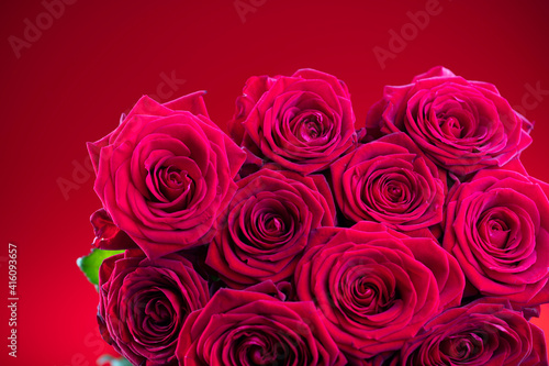 Bunch of roses on the bokeh background. Women   s day gift. 
