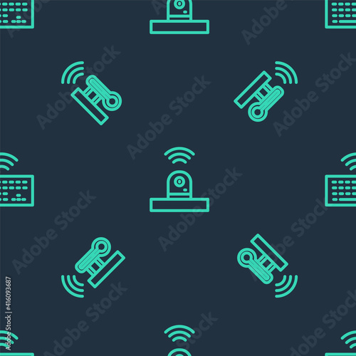 Set line Smart security camera, thermometer and Wireless keyboard on seamless pattern. Vector.