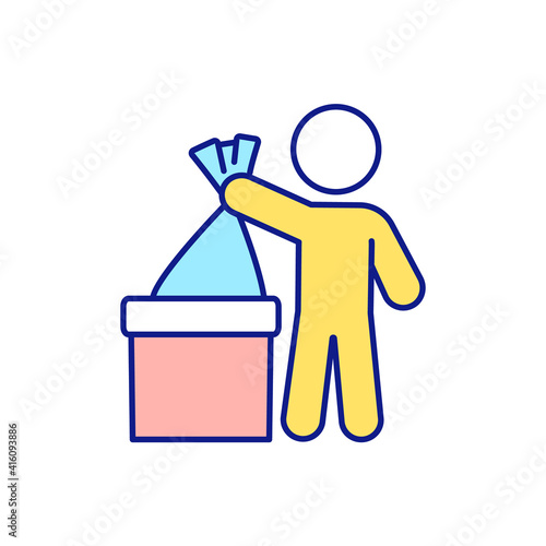 Utilization of rubbish in home blue RGB color icon. Freeing up storage space. Trash putting in container. Decluttering and cleaning-out. Clutter of trash. Isolated vector illustration